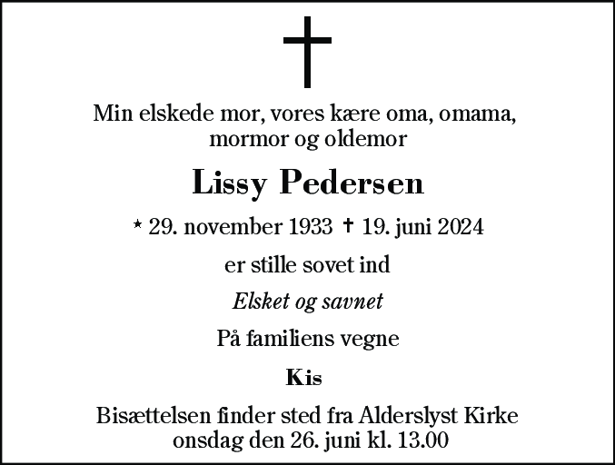Dødsannonce for Lissy Pedersen