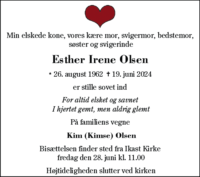 Dødsannonce for Esther Irene Olsen