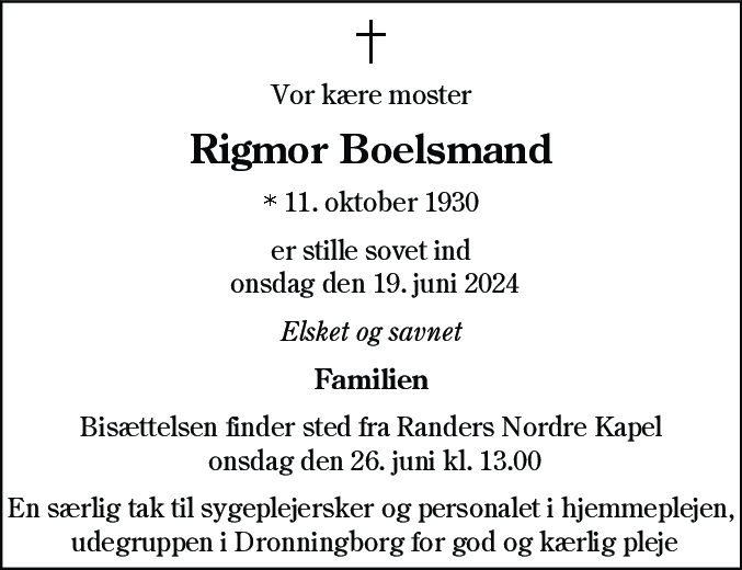 Dødsannonce for Rigmor Boelsmand