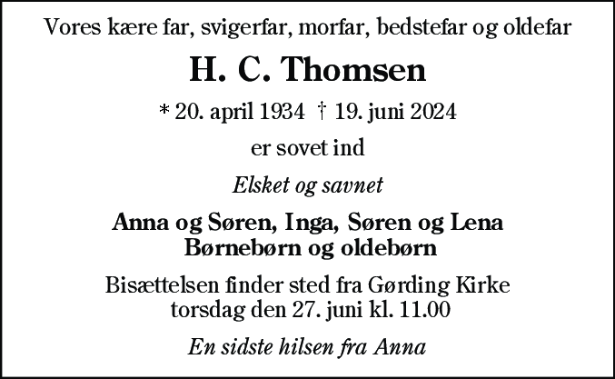 Dødsannonce for Hans Christian Thomsen