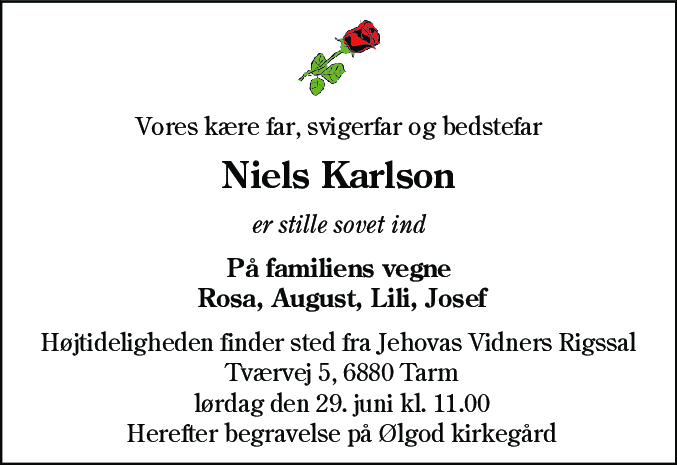 Dødsannonce for Niels Karlson