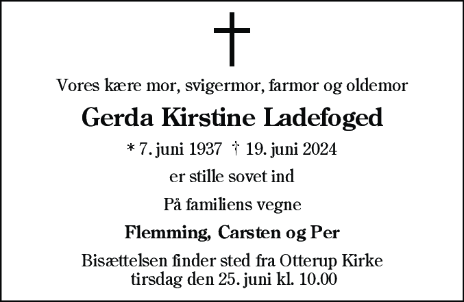 Dødsannonce for Gerda Kirstine Ladefoged