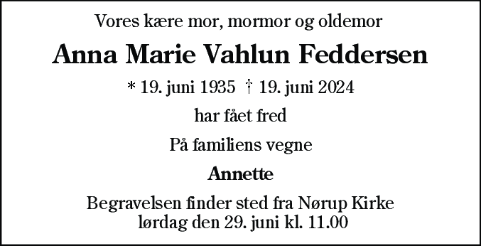 Dødsannonce for Anna Marie Vahlun Feddersen