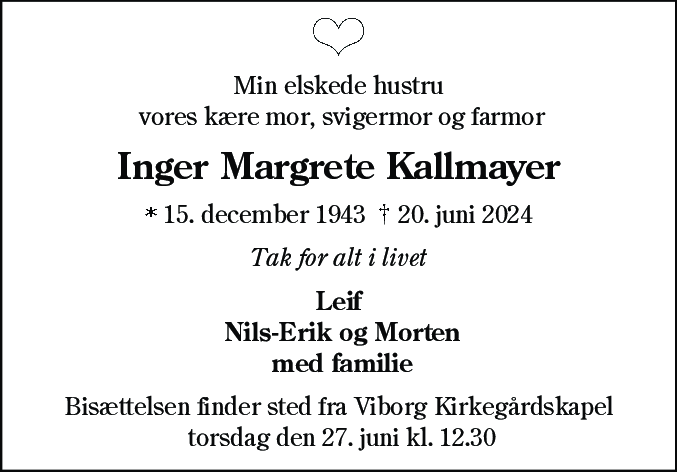 Dødsannonce for Inger Margrete Kallmayer
