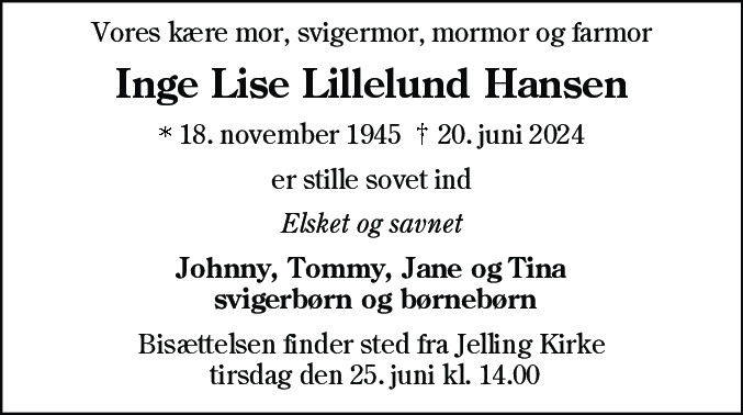 Dødsannonce for Inge Lise Lillelund Hansen