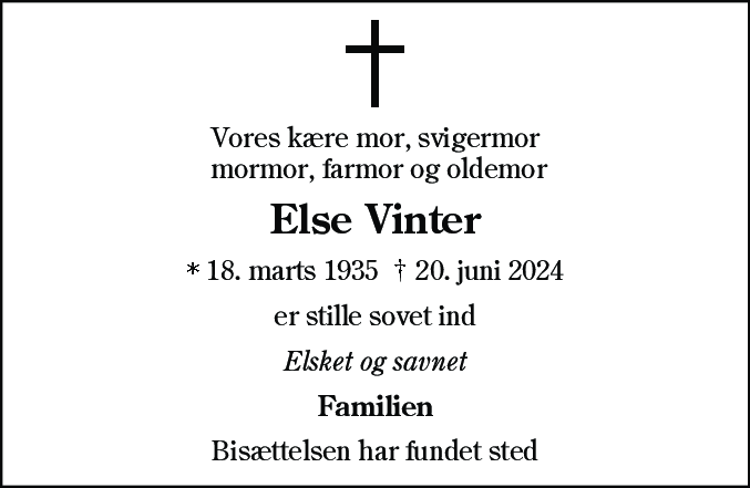 Dødsannonce for Else Vinter