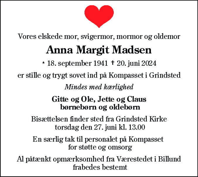 Dødsannonce for Anna Margit Madsen