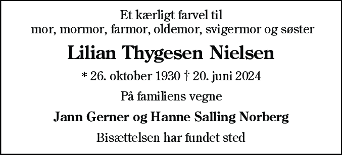Dødsannonce for Lillian Thygesen Nielsen
