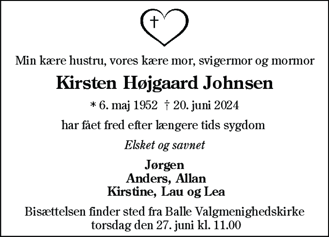 Dødsannonce for Kirsten Højgaard Johnsen