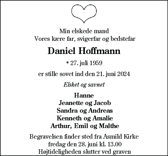 Dødsannonce for Daniel Hoffmann