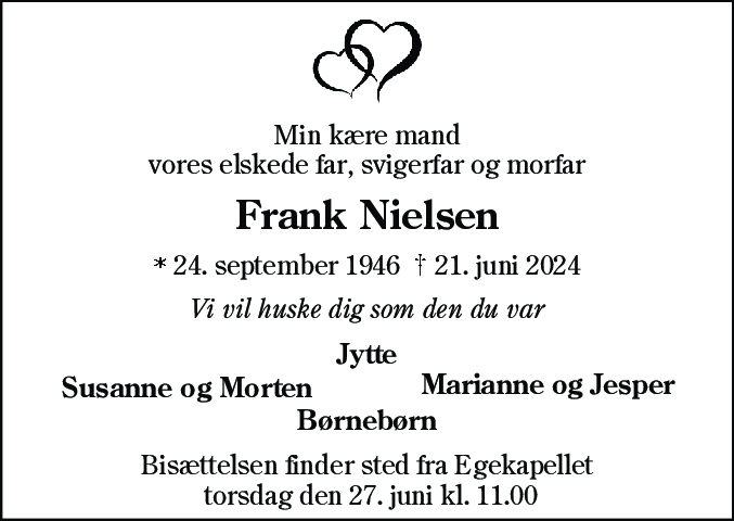 Dødsannonce for Frank Nielsen
