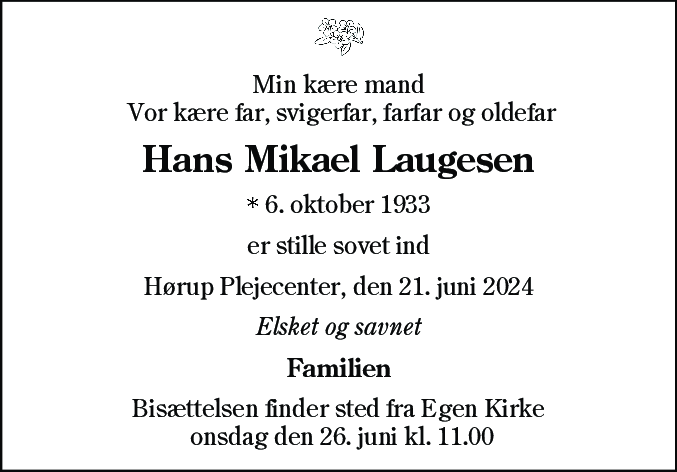 Dødsannonce for Hans Mikael Laugesen