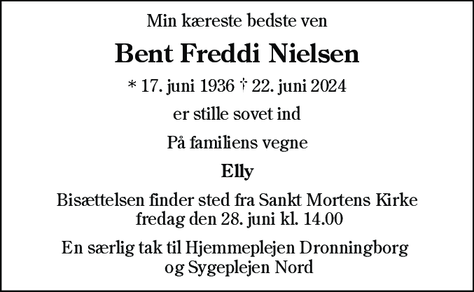 Dødsannonce for Bent Freddi Nielsen