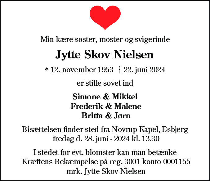 Dødsannonce for Jytte Skov Nielsen