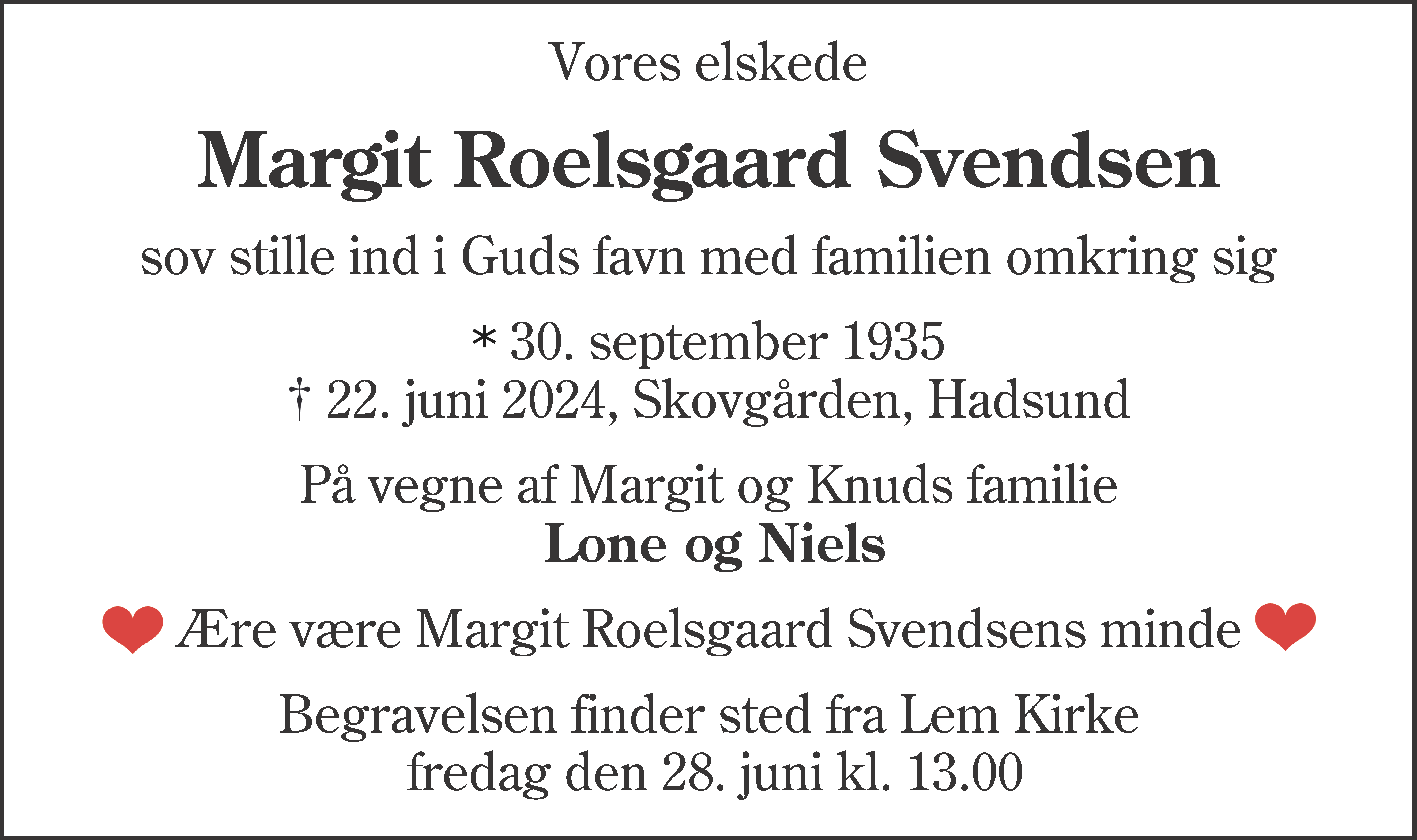 Dødsannonce for Margit Svendsen