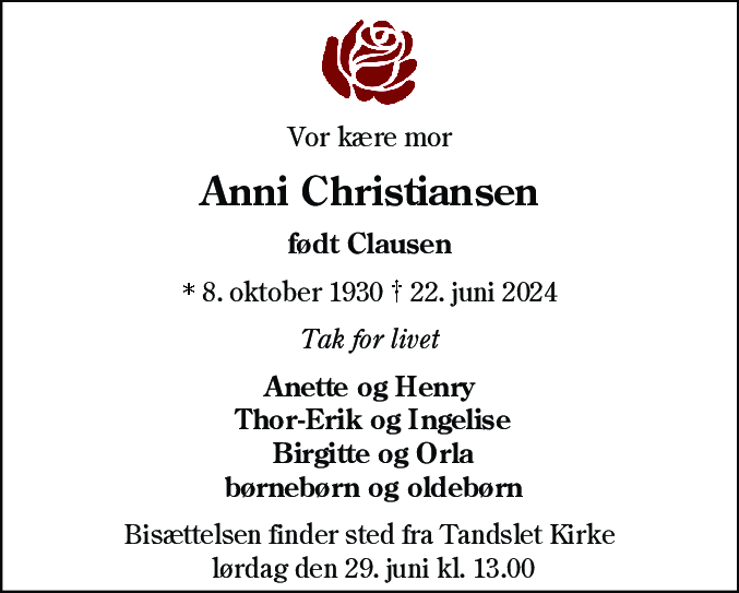 Dødsannonce for Anni Christiansen