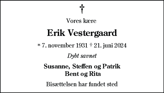 Dødsannonce for Erik Vestergaard