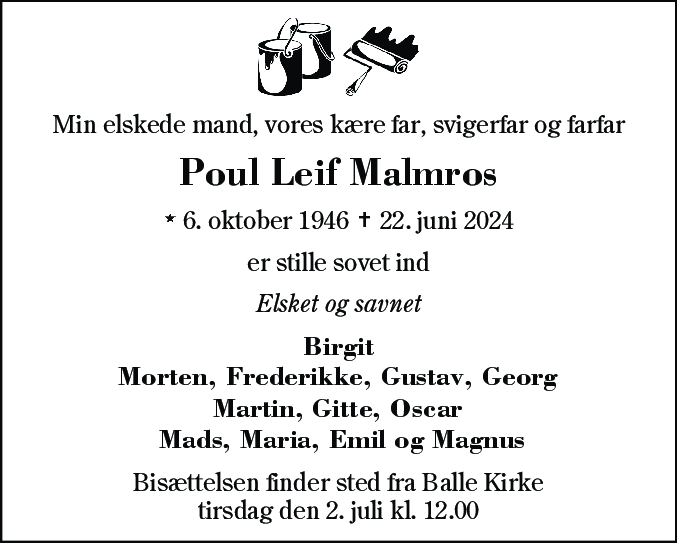 Dødsannonce for Poul Leif Malmros