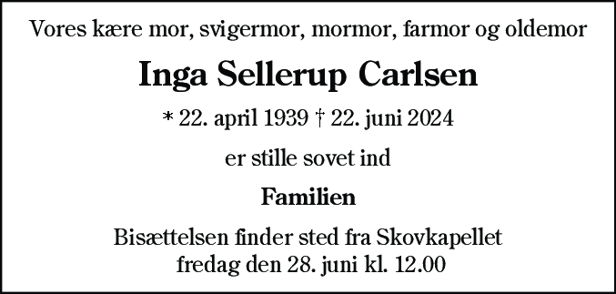 Dødsannonce for Inga Sellerup Carlsen
