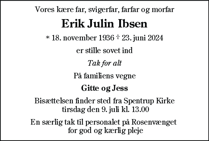 Dødsannonce for Erik Julin Ibsen