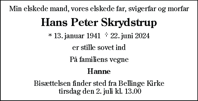 Dødsannonce for Hans Peter Skrydstrup