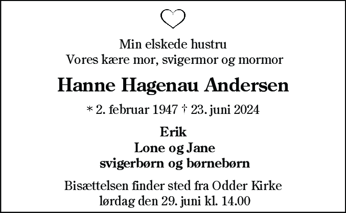 Dødsannonce for Hanne Hagenau Andersen