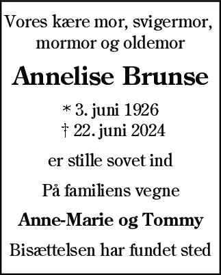 Dødsannonce for Annelise Brunse