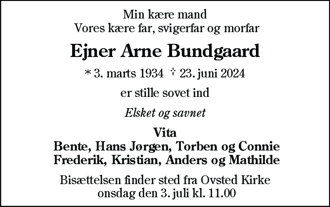 Dødsannonce for Ejner Arne Bundgaard