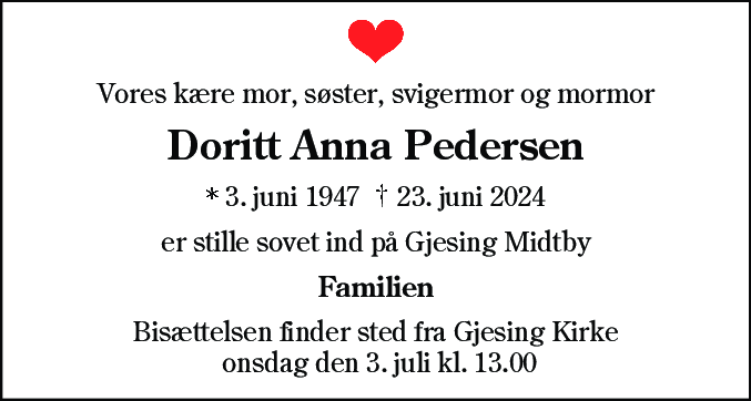 Dødsannonce for Doritt Anna Pedersen
