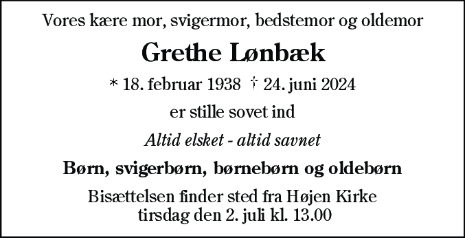 Dødsannonce for Anna Margrethe Lønbæk
