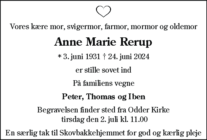 Dødsannonce for Anne Marie Rerup