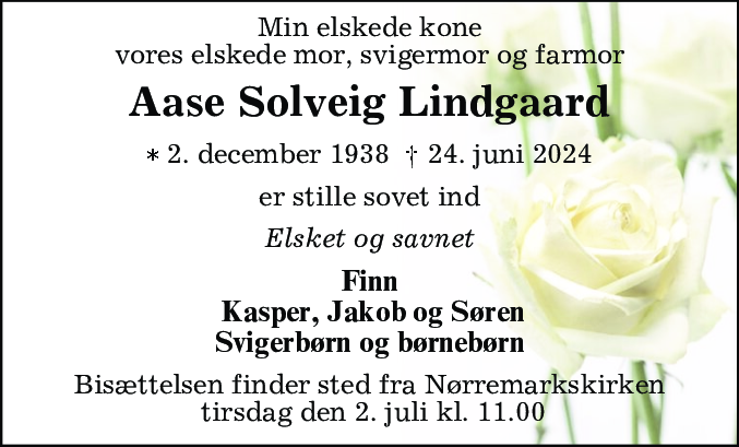 Dødsannonce for Aase Solveig Lindgaard