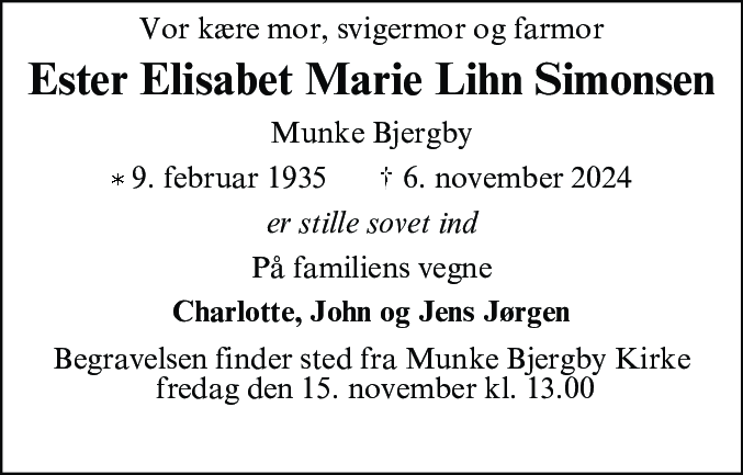 Dødsannonce for Ester Elisabet Marie Lihn Simonsen