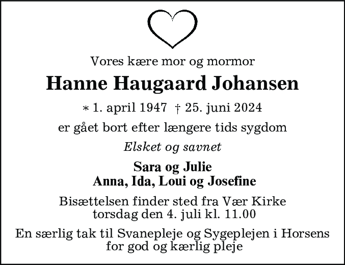 Dødsannonce for Hanne Sonja Haugaard Johansen