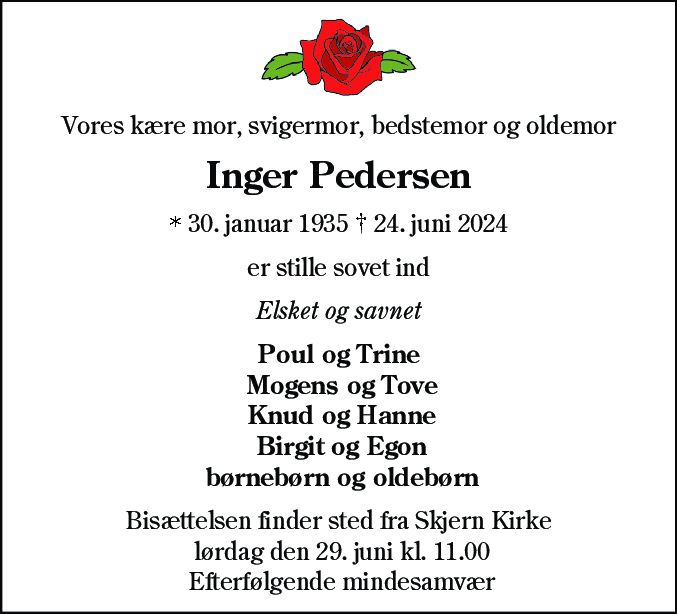 Dødsannonce for Inger Pedersen