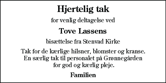 Dødsannonce for Tove Johanne Kirstine Lassen