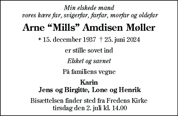Dødsannonce for Arne Amdisen Møller