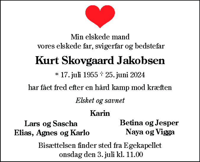 Dødsannonce for Kurt Skovgaard Jakobsen