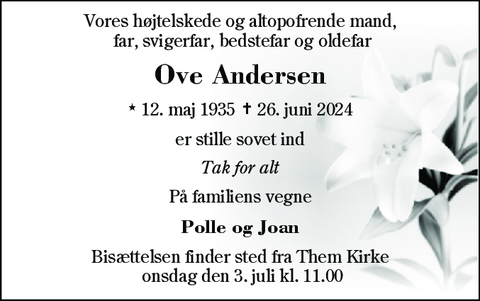 Dødsannonce for Ove Andersen