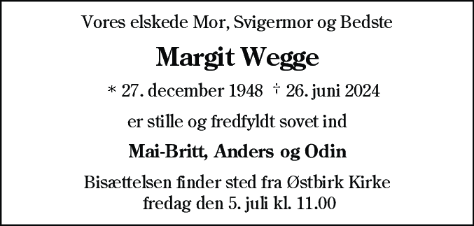 Dødsannonce for Margit Jonna Wegge