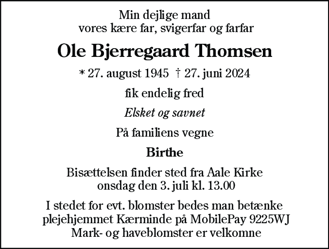 Dødsannonce for Ole Bjerregaard Thomsen