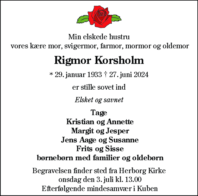 Dødsannonce for Rigmor Korsholm