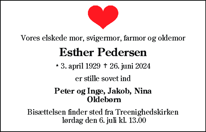 Dødsannonce for Esther Pedersen