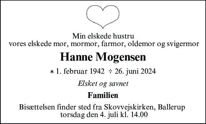 Dødsannonce for Hanne Mogensen