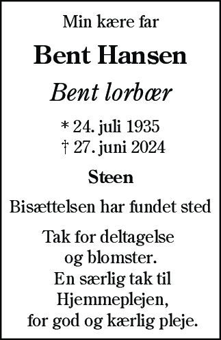 Dødsannonce for Bent Hansen