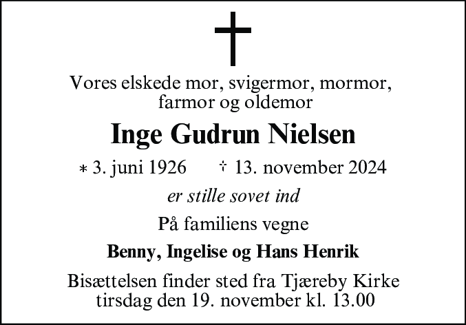 Dødsannonce for Inge Gudrun Nielsen