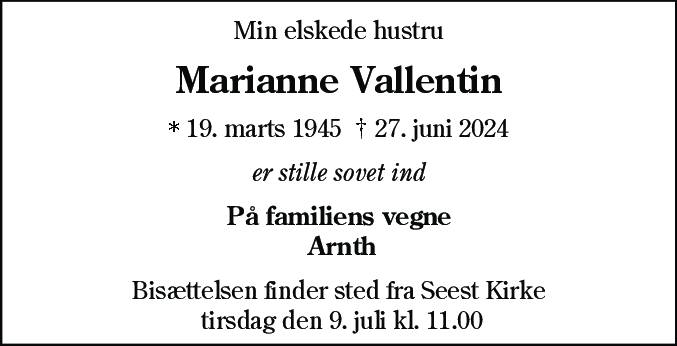 Dødsannonce for Marianne Vallentin