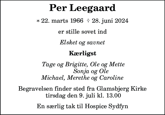Dødsannonce for Per Leegaard