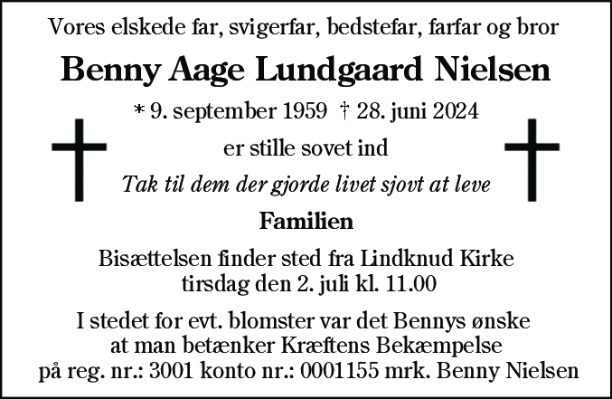 Dødsannonce for Benny Åge Lundgård Nielsen