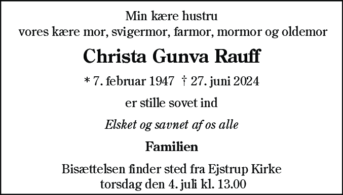 Dødsannonce for Christa Gunva Rauff